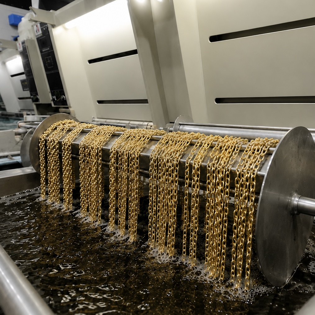 Piezas de oro en el baño galvánico